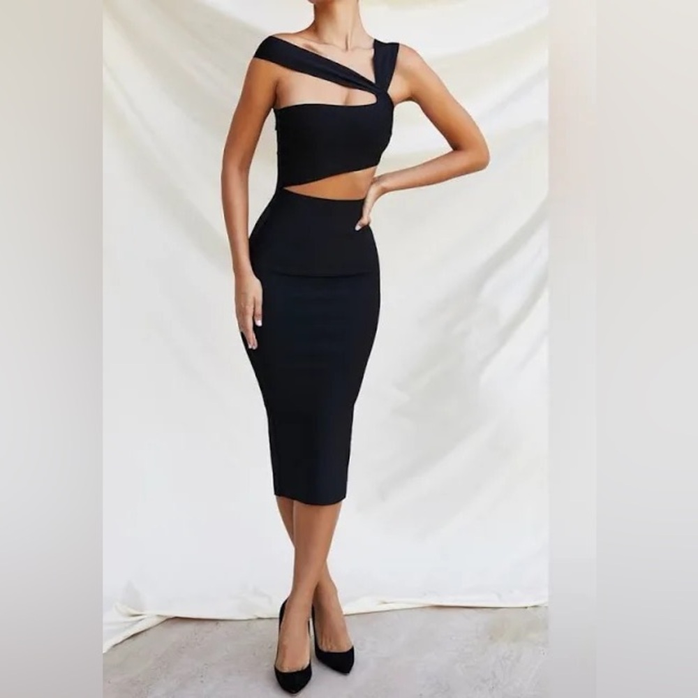 House of CB London Aina Black Cutout One-Shoulder Midi Dress XS